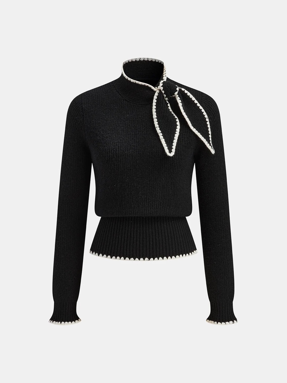 COMMENSE Mock Neck Tie Neck Contrast Stitch Sweater - size Large